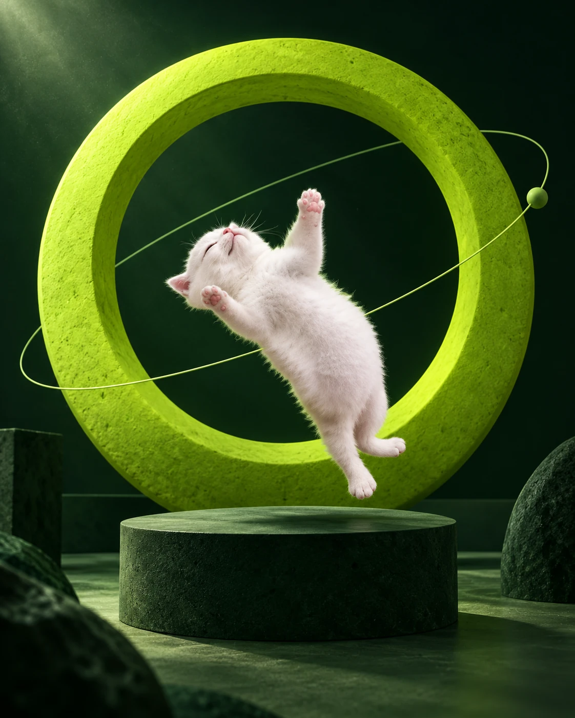 A white kitten dancing weightlessly inside a lime green sculptural ring